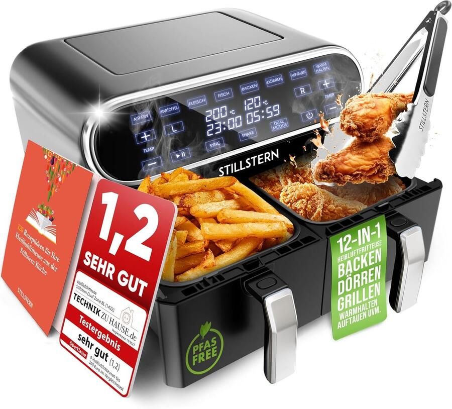 Stillstern Heteluchtfriteuse 2 kamers 8L Dual Zone Airfryer XXL (DE-versie) 2400W Uitstekend 1 2 (Zeer goed) Friteuse Air Fryer Receptenboek Ontdooien & Warmhouden Heteluchtfriteuse Dubbele kamer Air Fryers
