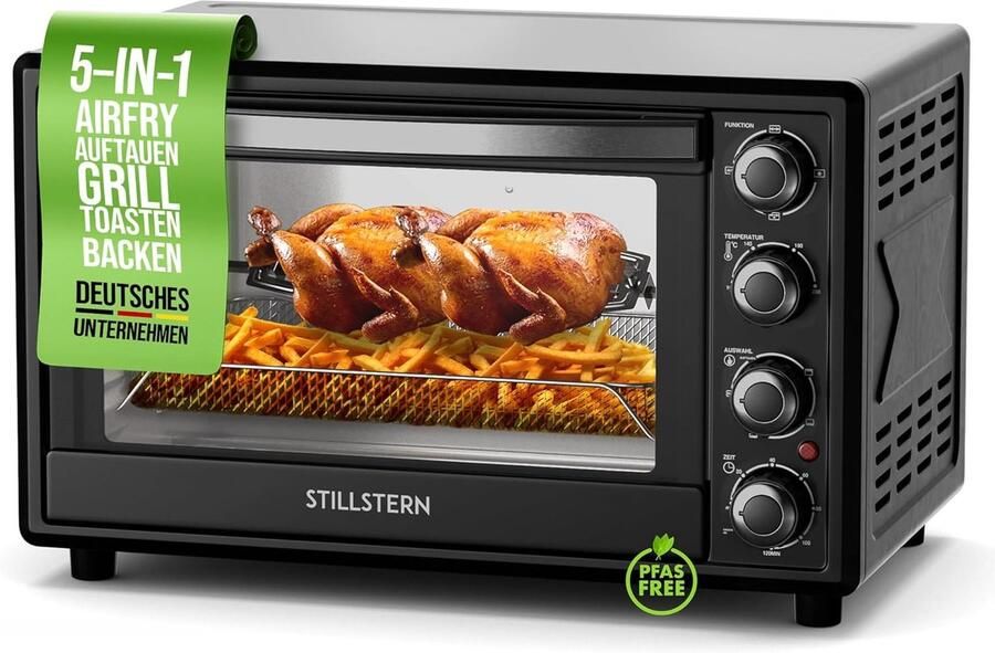 Stillstern mini-heteluchtoven 35 l (DE-versie) pizza Ø28 CYCLONE PRO+ antiaanbaklaag ontdooien 2 uur timer camping mini-heteluchtoven pizzaoven mini-oven klein kipgrill met draaispies