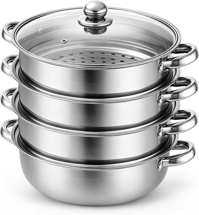 Stoompan Zilver 28 cm Roestvrij Staal met Glazen Deksel Voor Koken van Groenten en Zeevruchten