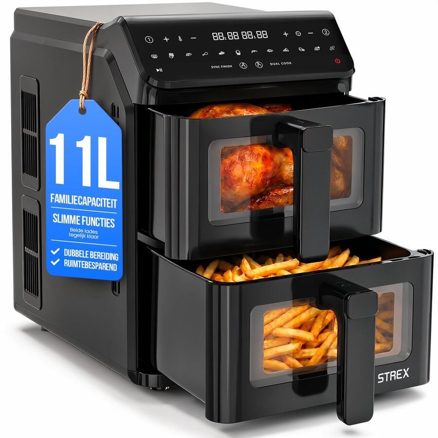 Strex Airfryer Dubbele Mand 11L XXL Heteluchtfriteuse 2500W Airfryer 2 Manden Dual Basket 13 Kookprogramma's Airfryer Verticaal Groot voor Gezin