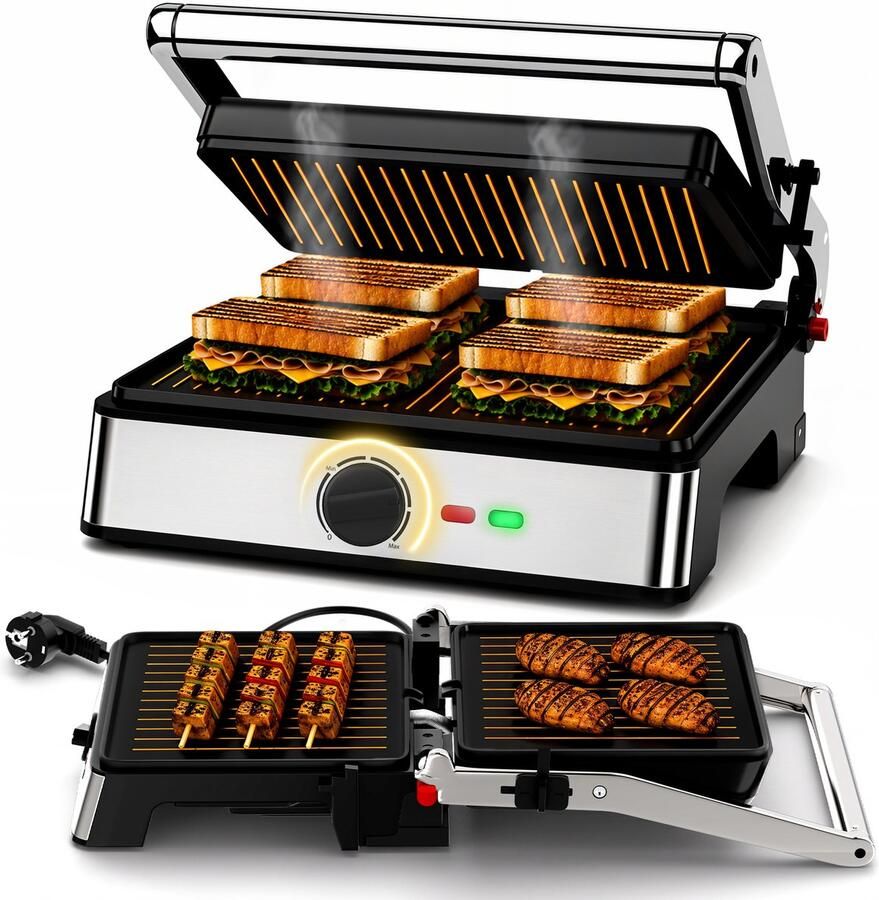 Strex Tosti Apparaat XL Met Temperatuurregeling Contactgrill Groot Tosti Ijzer Broodrooster Grill Apparaat Panini Grill PFAS Vrij 2200W 180° openklapbaar