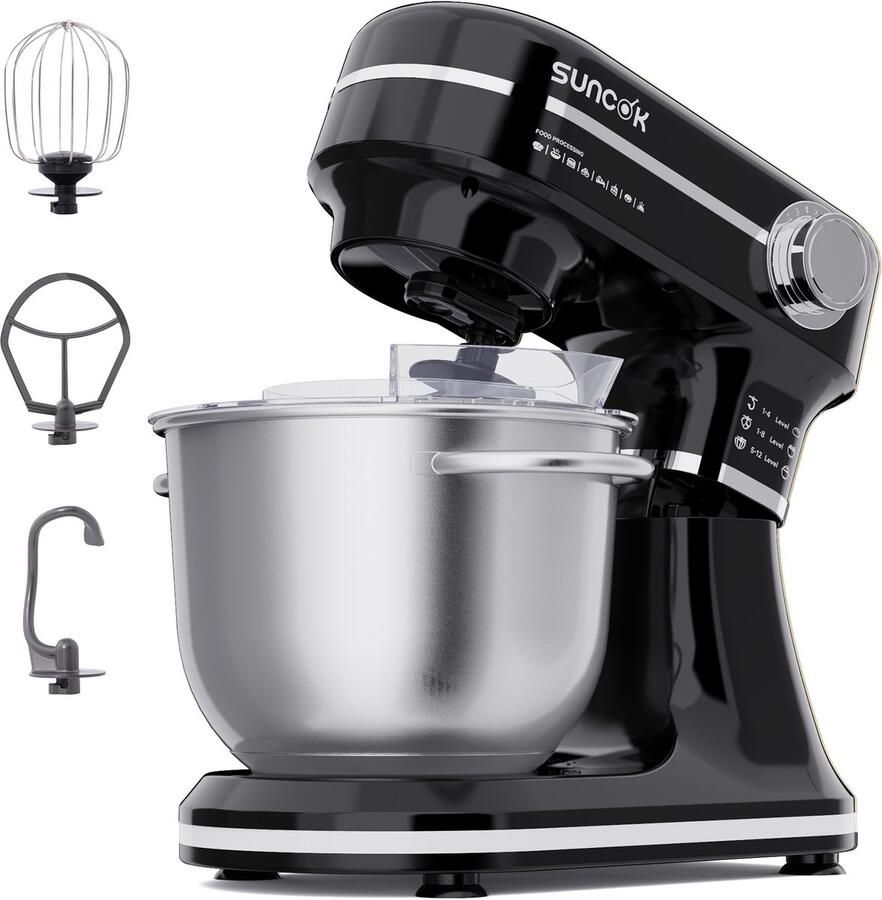 SUNCOK Elektrische keukenmachine en mixer krachtige motor van 1500 W met twee roestvrijstalen mengkommen (4 5 l en 5 l) multifunctionele deeghaak geschikt voor bakken en kneden van deeg