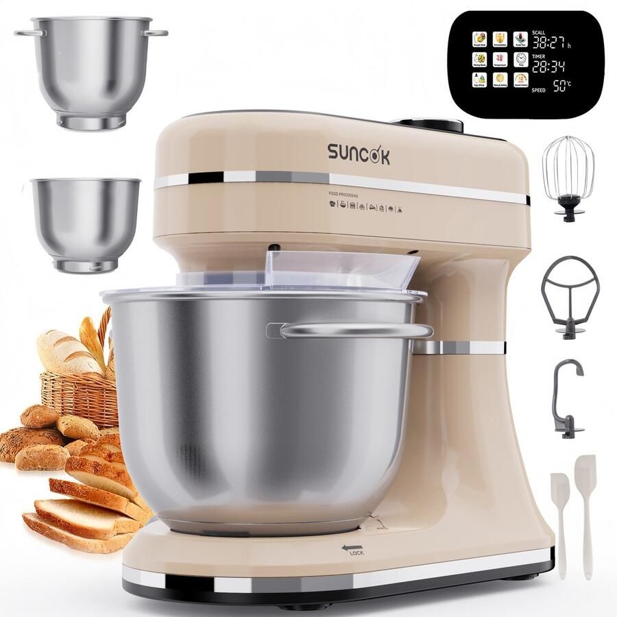SUNCOK Multifunctionele deegmixer met twee roestvrijstalen mengkommen: 4 5 l en 5 l. Krachtige motor van 1500 W geluidsniveau 59 dB. Blender geschikt voor bakken en deeg kneden
