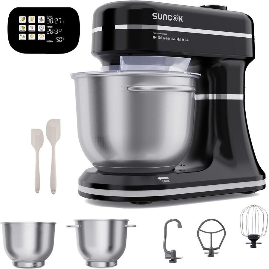 SUNCOK Multifunctionele deegmixer met twee roestvrijstalen mengkommen: 4 5 l en 5 l. Krachtige motor van 1500 W geluidsniveau 59 dB. Blender geschikt voor bakken en deeg kneden