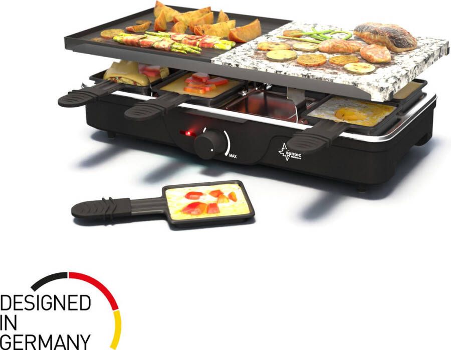 Suntec Wellness SUNTEC Raclette Grill RAC-8212 Evolution – 2 Grillplaten Tafelgrill voor 8 Personen incl. 8 Pannen + 8 Spatels 1 dubbelzijdige Grillplaat + 1 stenen Plaat max. 1400 Watt