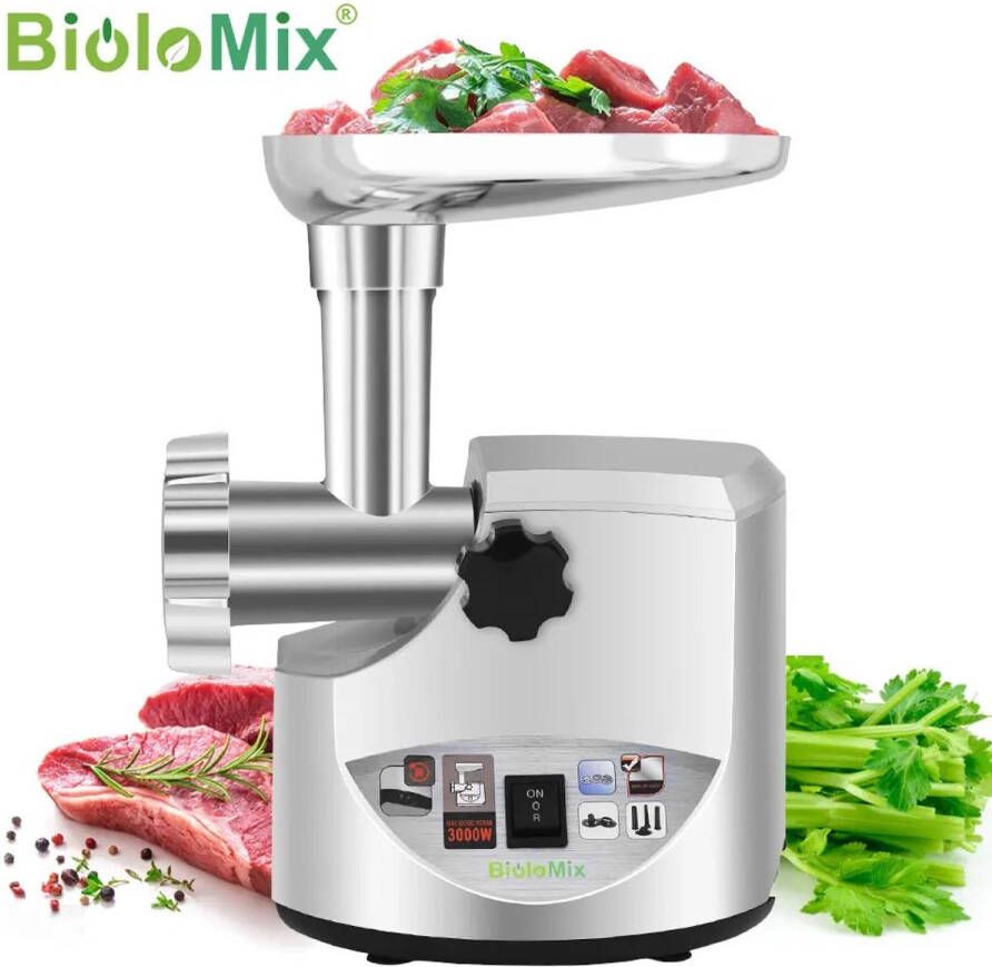 Rumi Vleesmolen BioloMix Heavy Duty 3000W Max Krachtige Elektrische vleesmolen Thuis Worstvuller Keukenmachine ProPower silver zwart Meerdere Maalopties