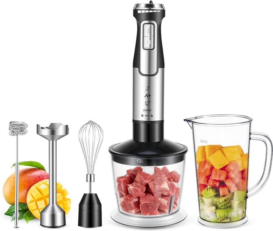 Svintora Staafmixer Set 5-in-1 -1600W Handblender -Incl.Hakmolen garde melkopschuimer & Maatbeker 6 Snelheden – RVS