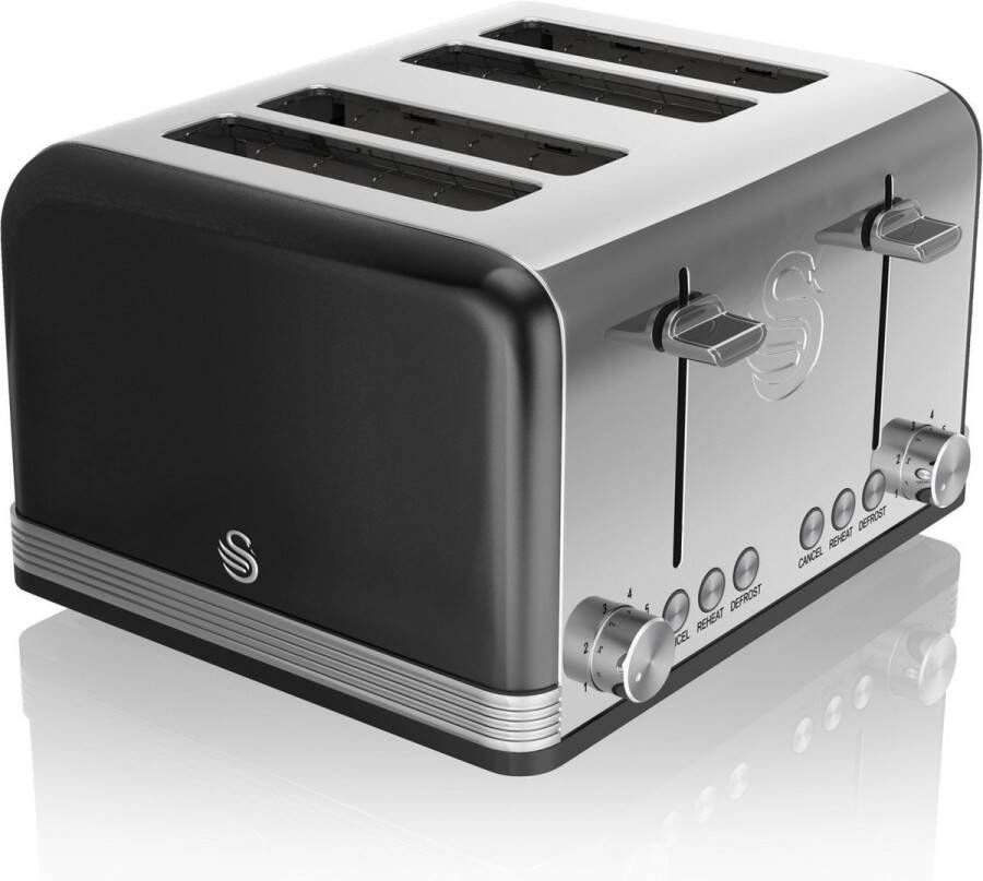 Swan 4-Slot Retro Broodrooster Bruiningsgraad Instelbaar Zwart
