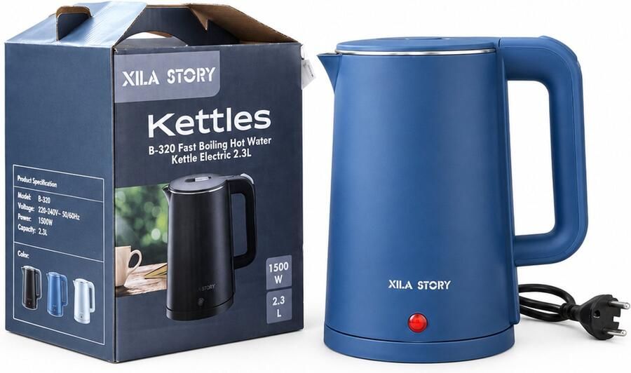 SWGOTA Blauwe elektrische waterkoker 2 3 L 1500 W dubbelwandige behuizing en 360°-voet 16 stuks per doos