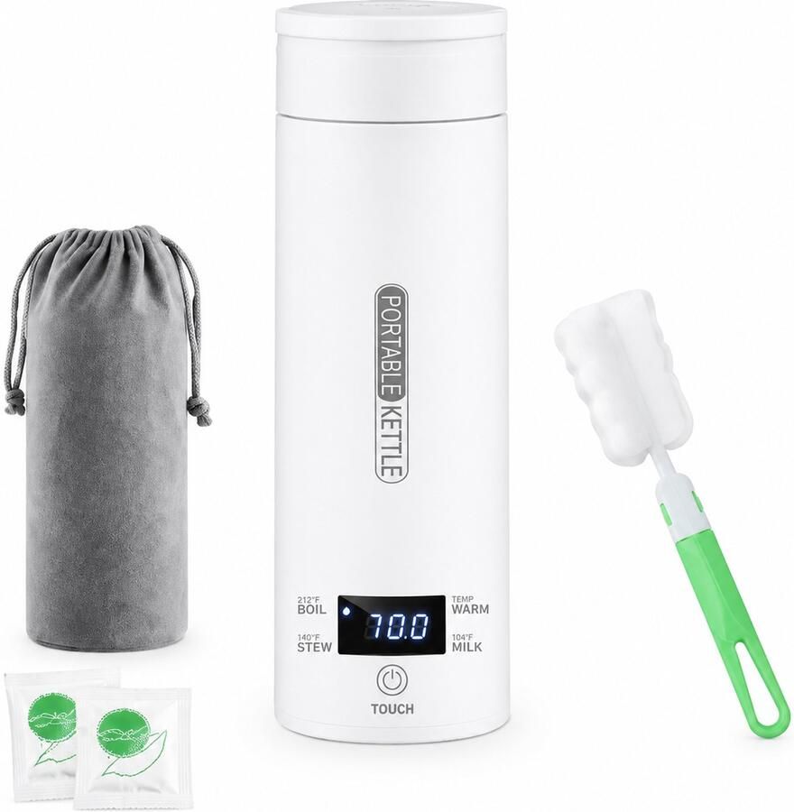 SWGOTA Draagbare elektrische waterkoker 500 ml 220 V binnenwand van 316-roestvrij staal temperatuurdisplay 4 temperatuurstanden afsluitbaar deksel en reinigingsaccessoires