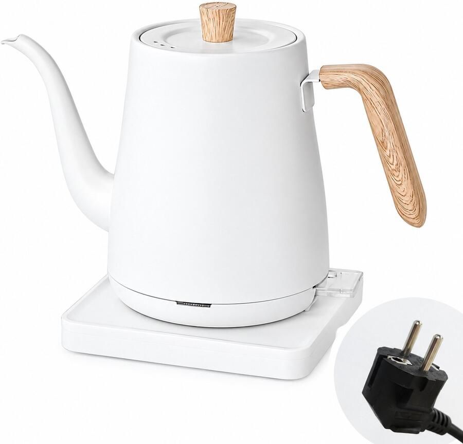 SWGOTA Elektrische waterkoker 0.8L met lange smalle tuit witte behuizing en houtnerfdetails knopbediening en 360 graden draaibare voet 220 V