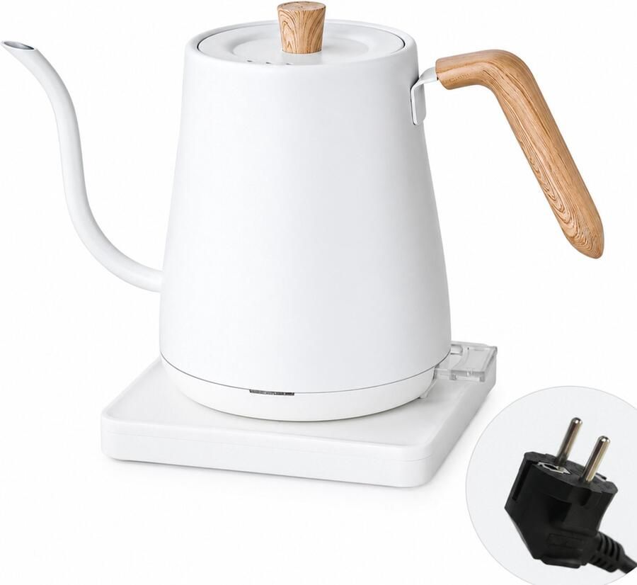 SWGOTA Elektrische waterkoker 1 L wit met houtnerfdetails lange gebogen schenktuit drukknopbediening en 360 graden basis 220V