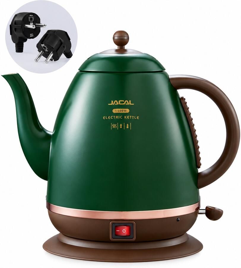 SWGOTA Retro elektrische waterkoker 1.5L donkergroen met warmhoudfunctie lange tuit en 360°-voet