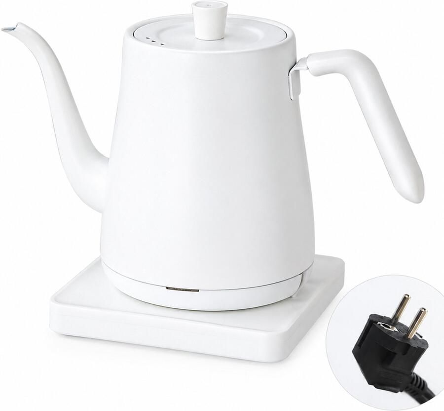 SWGOTA Witte elektrische waterkoker 1L 220V met lange gebogen tuit zijhandgreep en 360 graden draaibare voet voor thuis en kantoor