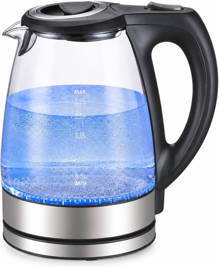 SWGOTA Zwarte elektrische waterkoker 1 7 L 230 V automatische uitschakeling 360 graden basis transparante kan met schaalverdeling