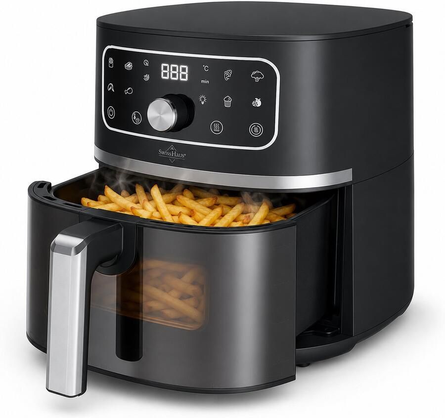 Swiss Haus AF2305 Airfryer 4.7L met Kijkvenster – 1500W Heteluchtfriteuse – 8 Programma s – PFAS Vrij Keramisch – Digitaal Display – Timer & Shake Reminder – Zwart