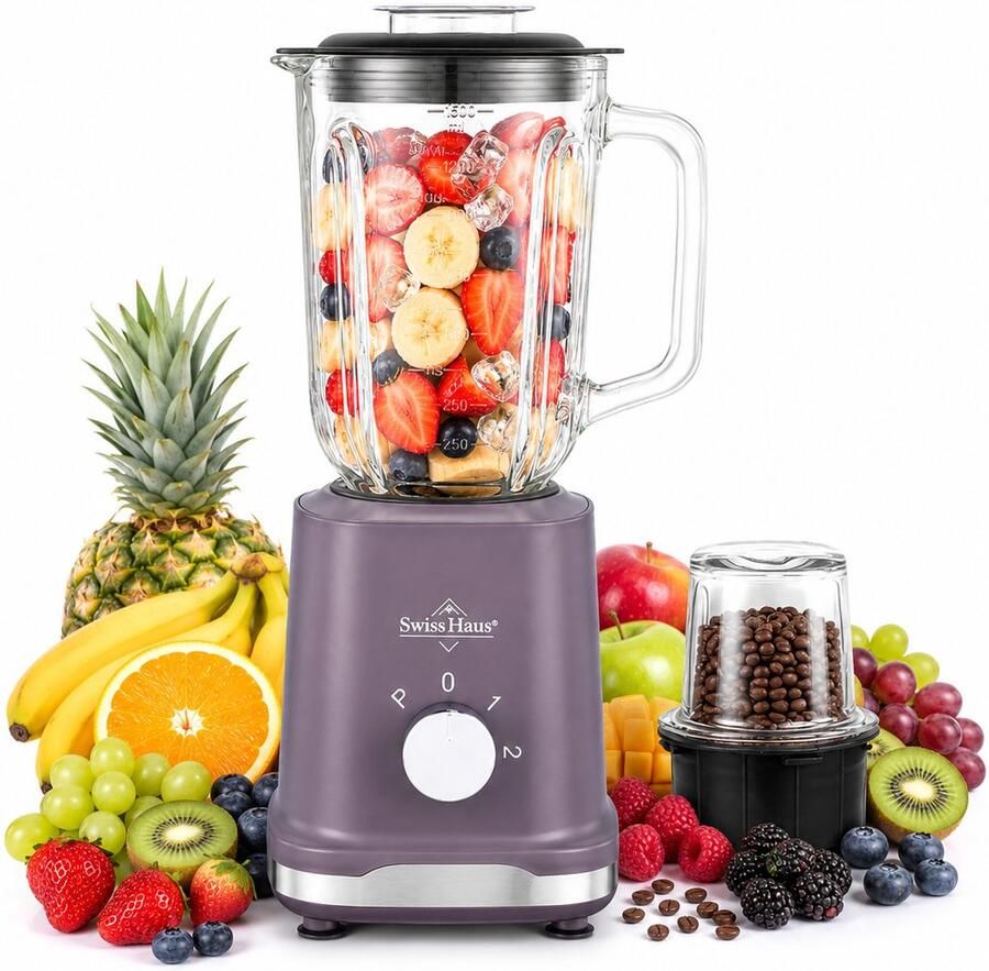 Swiss Haus BL1815 Blender 500W – 1.5L Glazen kan Smoothie maker & Grinder – 2 Snelheden + Pulse – RVS Messen – Vaatwasbestendig – BPA Vrij – Paars