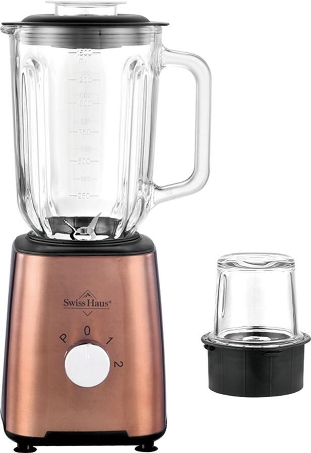 Swiss Haus BL2115 Blender 500W Smoothie Maker – 1.5L Glazen Kan & Grinder – RVS Messen – 2 Snelheden + Pulse – Vaatwasbestendig – Veiligheidsmicro-schakelaar – Koper