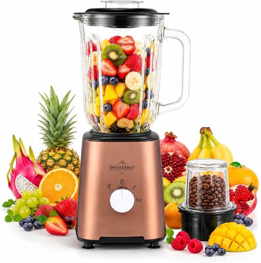 Swiss Haus BL2115 Blender 500W Smoothie Maker – 1.5L Glazen Kan & Grinder – RVS Messen – 2 Snelheden + Pulse – Vaatwasbestendig – Veiligheidsmicro-schakelaar – Koper