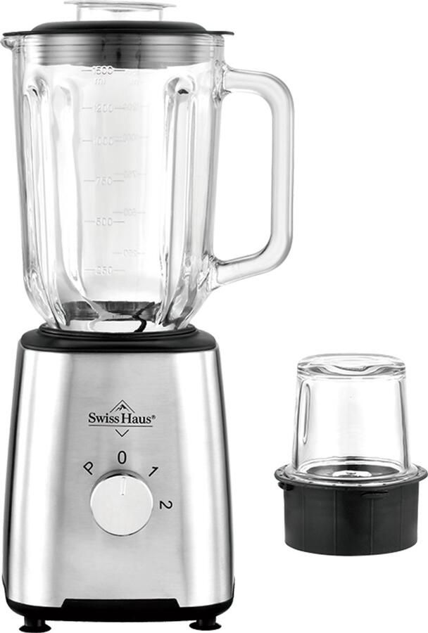 Swiss Haus BL2215 Blender 500W Smoothie Maker – 1.5L Glazen Kan & Grinder – RVS Messen – 2 Snelheden + Pulse – Vaatwasbestendig – Veiligheidsmicro-schakelaar – RVS