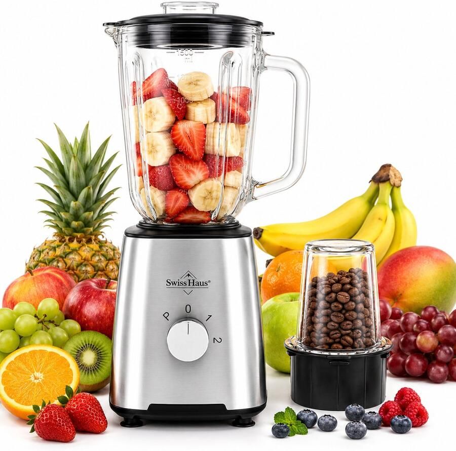 Swiss Haus BL2215 Blender 500W Smoothie Maker – 1.5L Glazen Kan & Grinder – RVS Messen – 2 Snelheden + Pulse – Vaatwasbestendig – Veiligheidsmicro-schakelaar – RVS