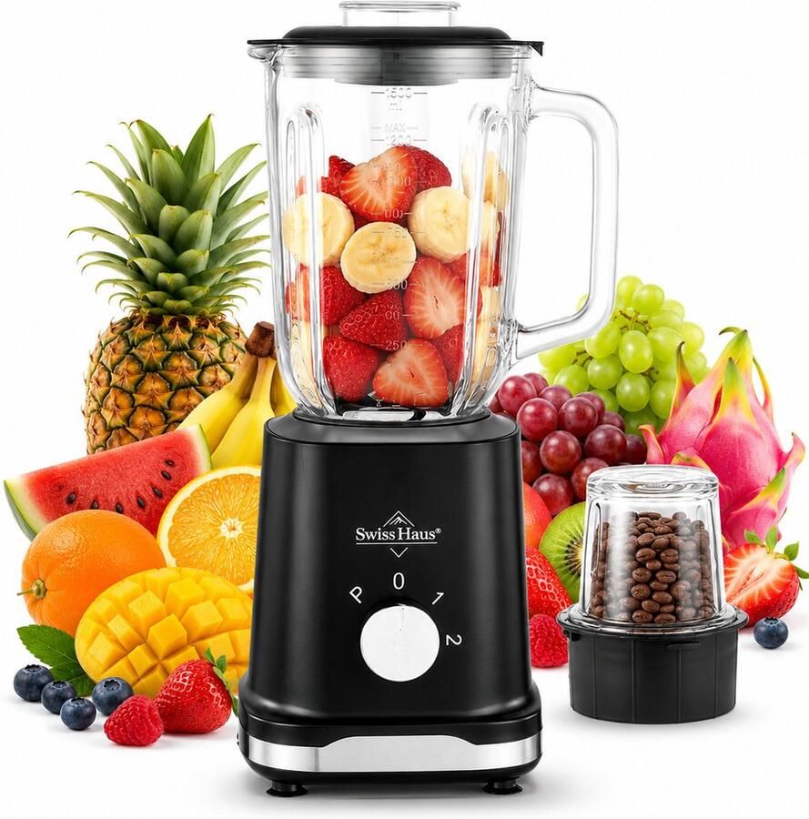 Swiss Haus BL2315G Blender 500W – 1.5L Glazen kan Smoothie maker & Grinder – 2 Snelheden + Pulse – RVS Messen – Vaatwasbestendig – BPA Vrij – Zwart