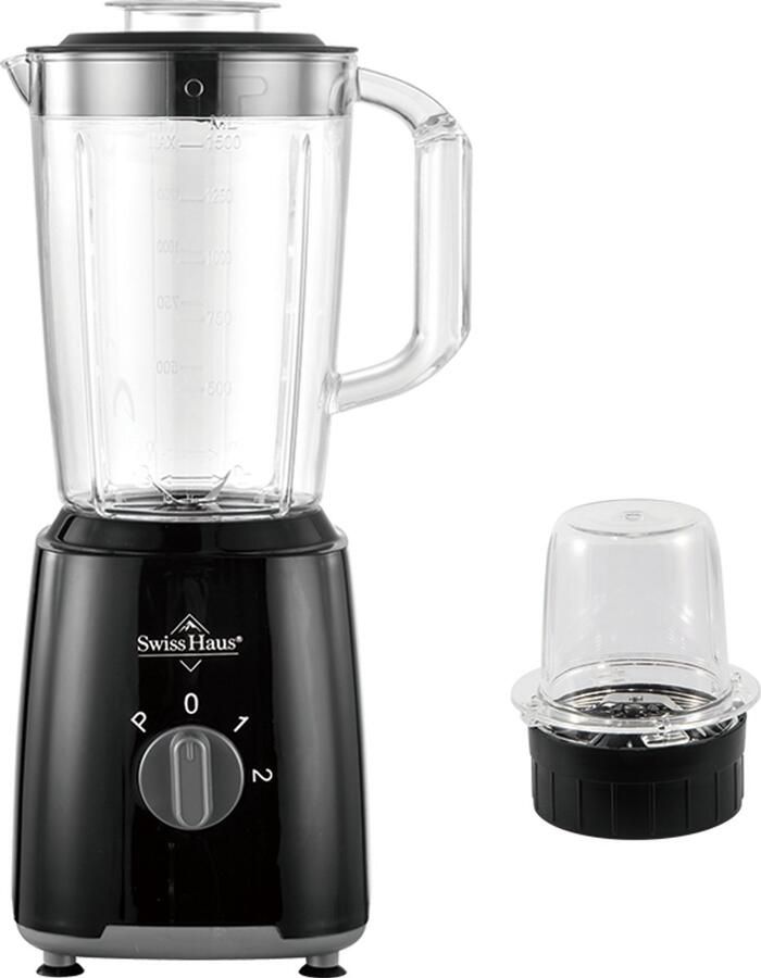 Swiss Haus BL2315P Blender 500W Smoothie Maker – 1.5L Plastic Kan met Grinder – 2 Snelheden + Pulse – RVS Messen – BPA Vrij – Vaatwasserbestendig – Zwart