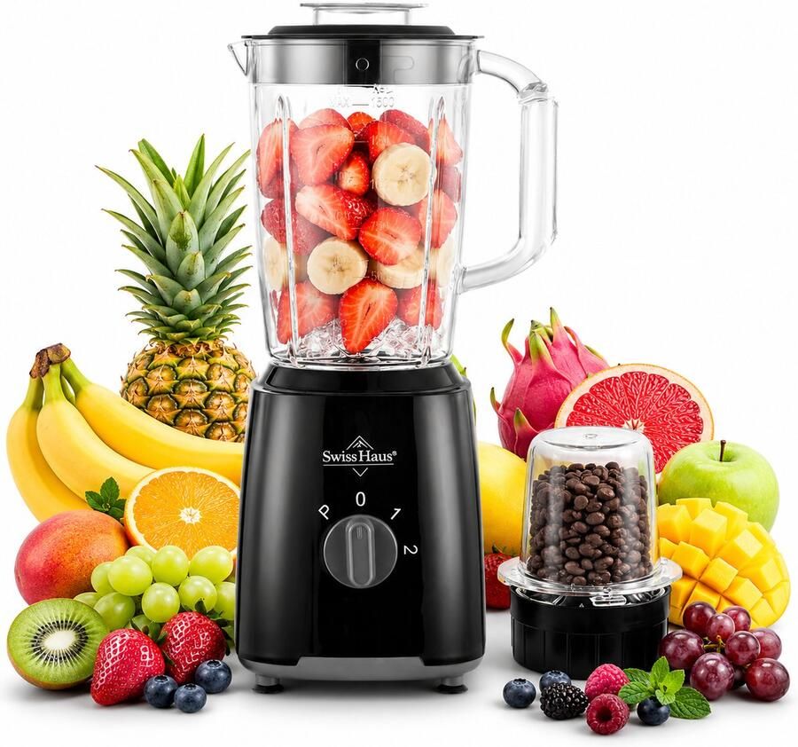 Swiss Haus BL2315P Blender 500W Smoothie Maker – 1.5L Plastic Kan met Grinder – 2 Snelheden + Pulse – RVS Messen – BPA Vrij – Vaatwasserbestendig – Zwart