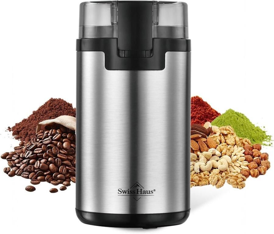 Swiss Haus CG2220 Elektrische Koffiemolen 200W – RVS Grinder voor Koffiebonen & Specerijen – 80g Capaciteit – One Touch Bediening – Veiligheidsvergrendeling – RVS