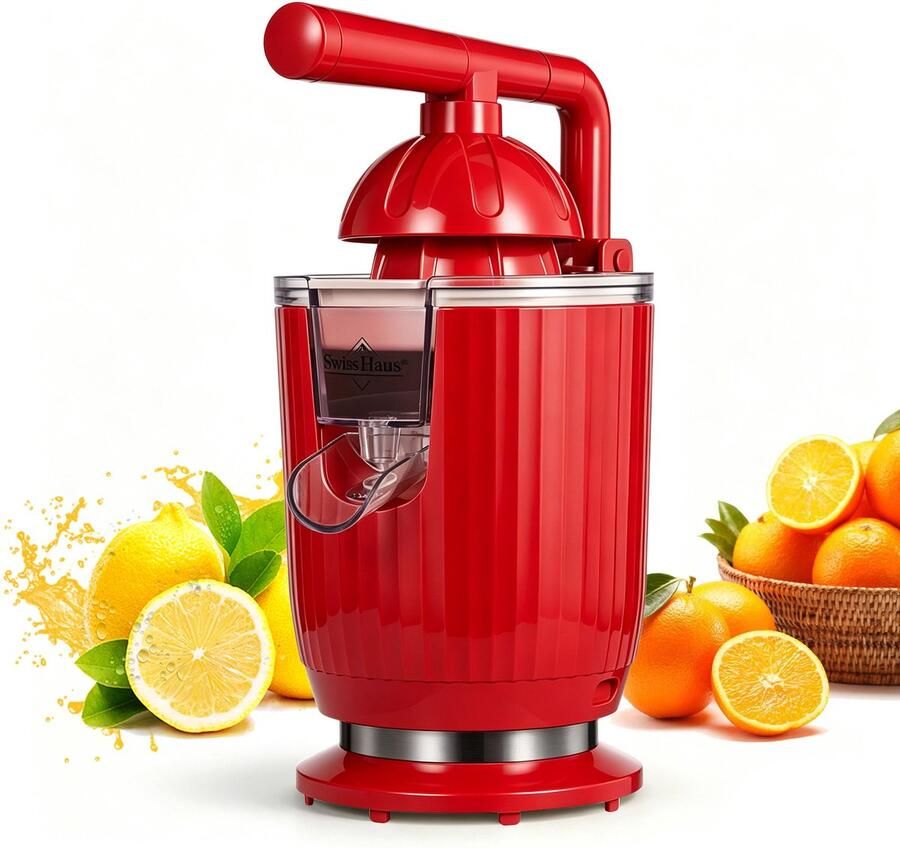 Swiss Haus CJ1914 Citruspers Elektrisch 140W – Elektrische Sinaasappelpers met Pershendel – 2 Perskegels – Verse Sinaasappelsap – Afneembare Onderdelen – Rood
