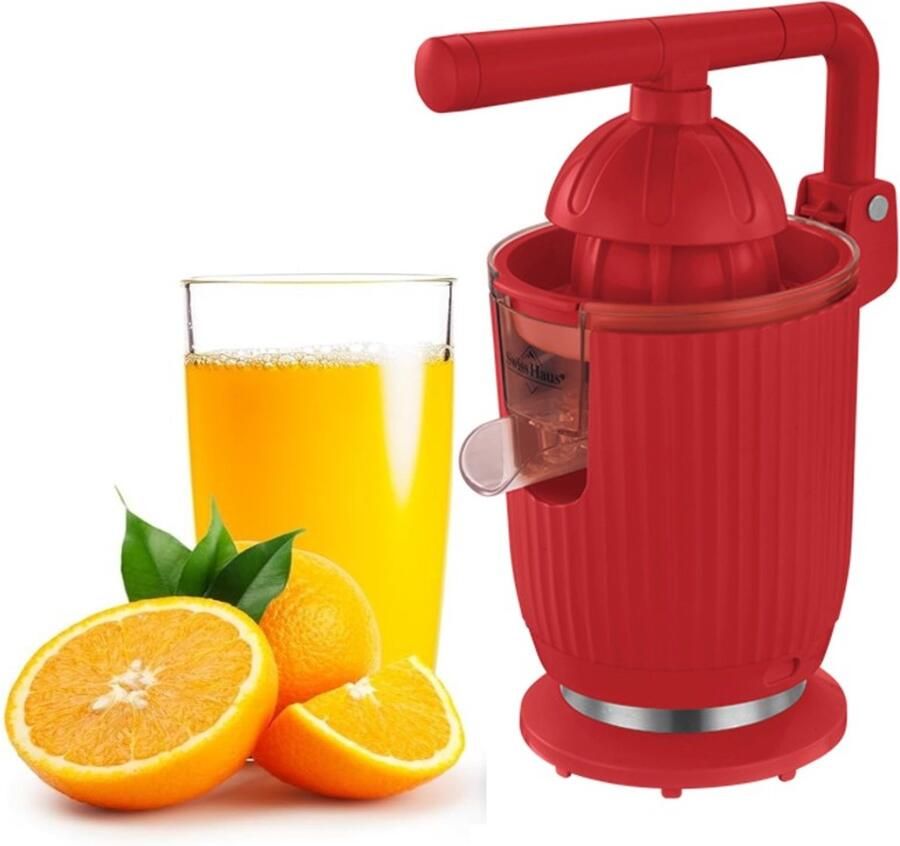 Swiss Haus CJ1914 Citruspers Elektrisch 140W – Elektrische Sinaasappelpers met Pershendel – 2 Perskegels – Verse Sinaasappelsap – Afneembare Onderdelen – Rood