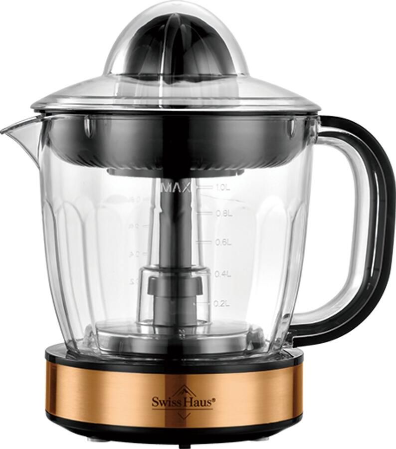 Swiss Haus CJ2140 Citruspers Elektrisch 40W – 1L Sapreservoir – Sinaasappelpers 2 Draairichtingen – Fruitpers met Pulpfilter & 2 perskegels – Compact – Koper