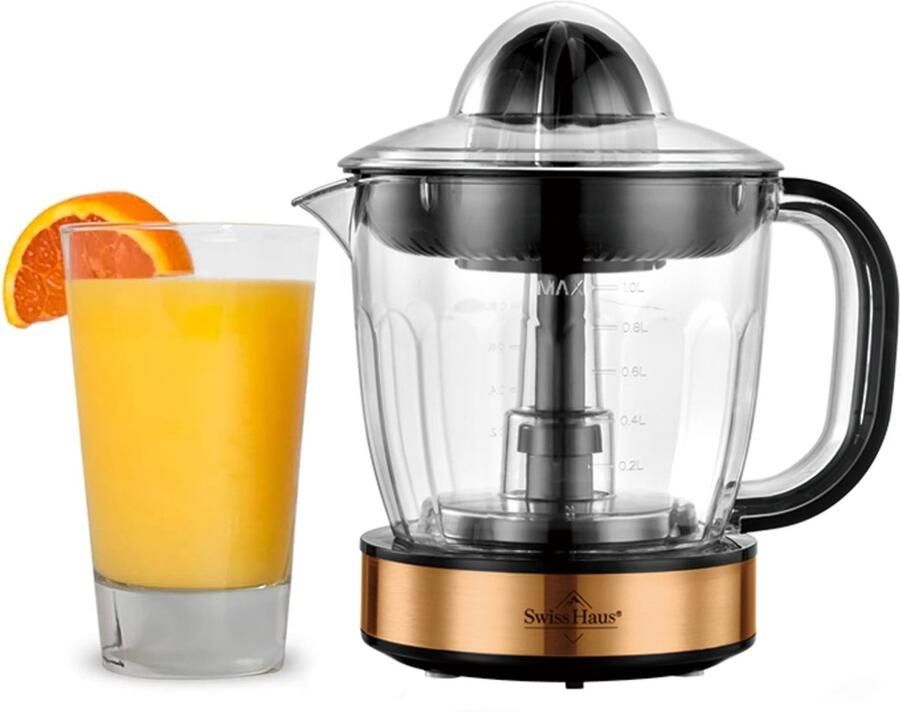 Swiss Haus CJ2140 Citruspers Elektrisch 40W – 1L Sapreservoir – Sinaasappelpers 2 Draairichtingen – Fruitpers met Pulpfilter & 2 perskegels – Compact – Koper
