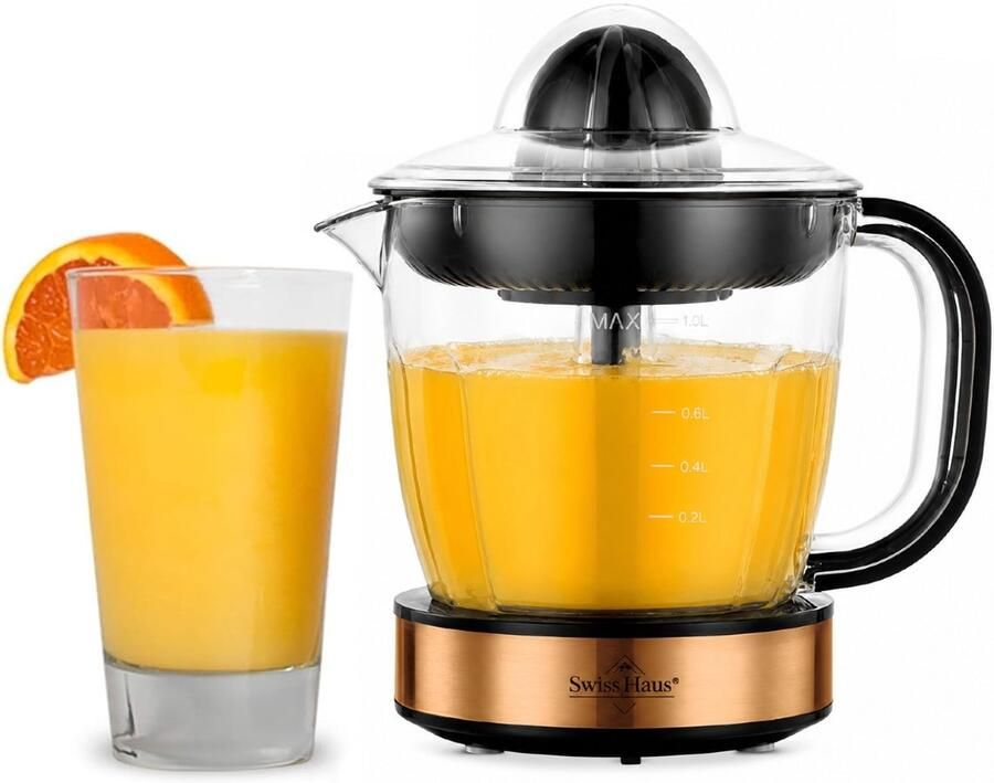 Swiss Haus CJ2140 Citruspers Elektrisch 40W – 1L Sapreservoir – Sinaasappelpers 2 Draairichtingen – Fruitpers met Pulpfilter & 2 perskegels – Compact – Koper - Foto 2