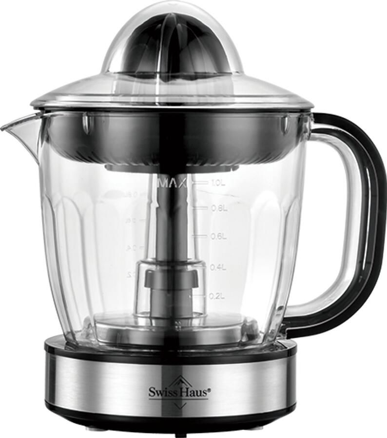 Swiss Haus CJ2240 Citruspers Elektrisch 40W – 1L Sapreservoir – Sinaasappelpers 2 Draairichtingen – Fruitpers met Pulpfilter & 2 perskegels – Compact – Zwart