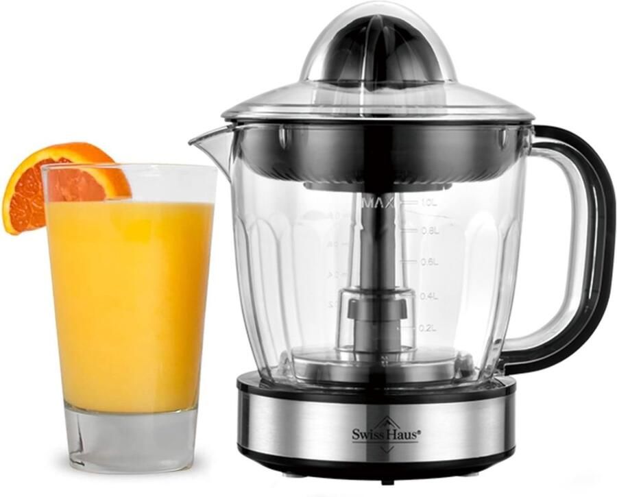 Swiss Haus CJ2240 Citruspers Elektrisch 40W – 1L Sapreservoir – Sinaasappelpers 2 Draairichtingen – Fruitpers met Pulpfilter & 2 perskegels – Compact – Zwart