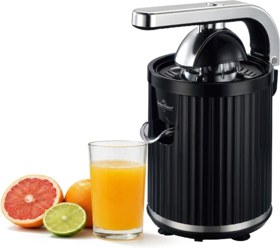 Swiss Haus CJ23 Citruspers Elektrisch 300W – Elektrisch Sinaasappelpers met Pershendel – BPA Vrij Citroenpers – 2 Perskegels voor Sinaasappels & Citroenen – Zwart