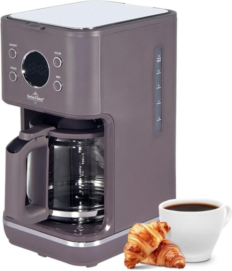 Swiss Haus CM1815 Koffiezetapparaat – 1.5L Glazen Kan – 1000W – LED Display met Timer – 10-15 Koppen Anti-Drip – Permanente & Nylon Filter – Paars Lake Geneva Collection