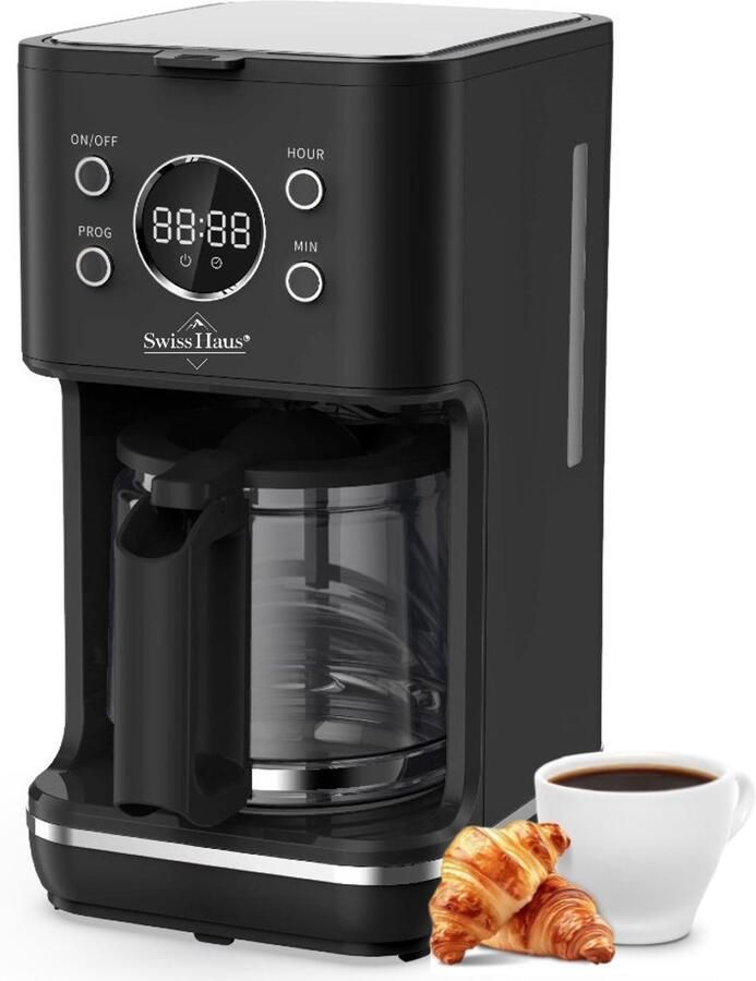 Swiss Haus CM2315 Koffiezetapparaat – 1.5L Glazen Kan – 1000W – LED Display met Timer – 10-15 Koppen Anti-Drip – Permanente & Nylon Filter – Zwart