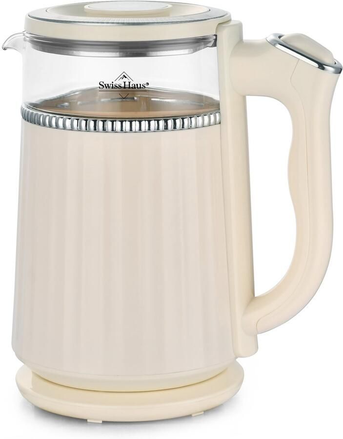 Swiss Haus GWK2018 Waterkoker – 1.7L Retro – Cool Touch – Glas Binnenzijde – 2200W – LED Verlichting – Snoerloos 360° – BPA Vrij – Creme