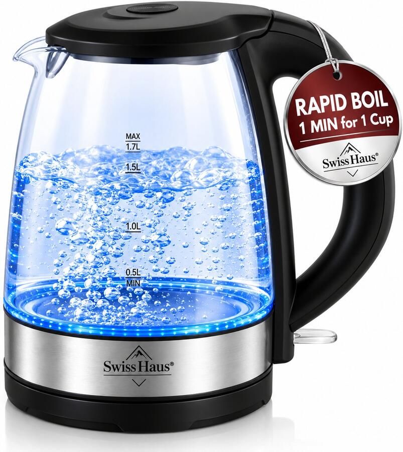 Swiss Haus GWK2217 Waterkoker – 1 7L – 1500W – Glazen Waterkoker met Blauw LED Licht – RVS – Zermatt Glacier Collection