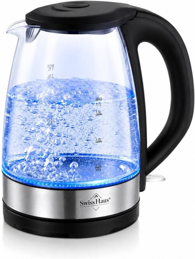 Swiss Haus GWK2217 Waterkoker – 1 7L – 1500W – Glazen Waterkoker met Blauw LED Licht – RVS – Zermatt Glacier Collection