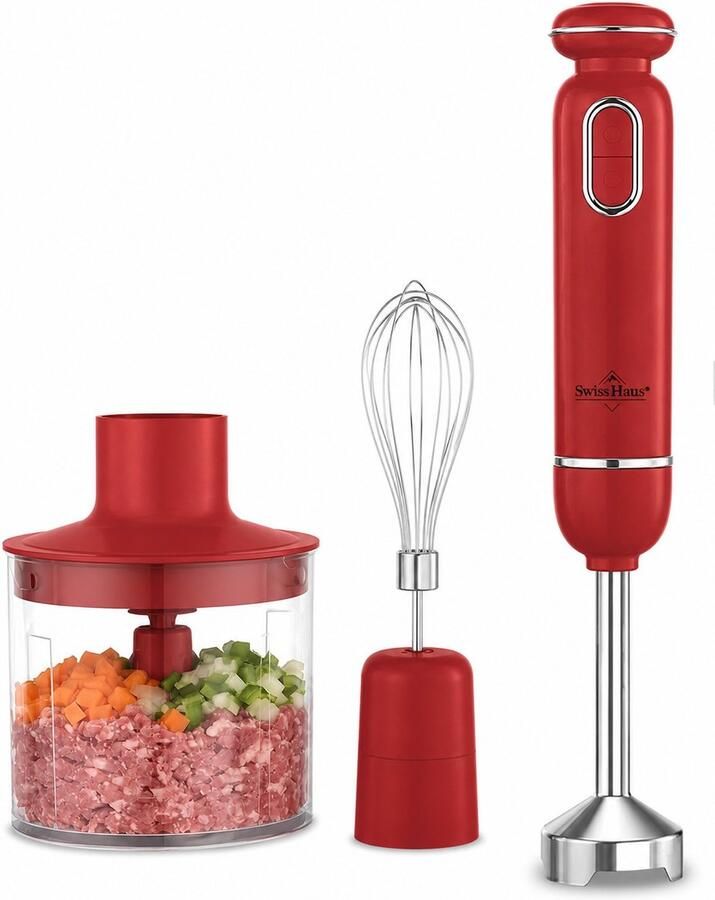 Swiss Haus HBS19 Staafmixer Set 600W – Handblender met 20 Snelheden + Turbo Functie – Hakmolen 500ml & RVS Garde – Afneembare RVS Staaf – 3-in-1 Functie – Rood