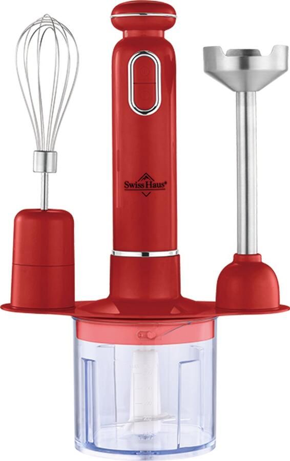 Swiss Haus HBS19 Staafmixer Set 600W – Handblender met Turbo Functie – Hakmolen 500ml & RVS Garde – Afneembare RVS Staaf – 3-in-1 Functie – Rood