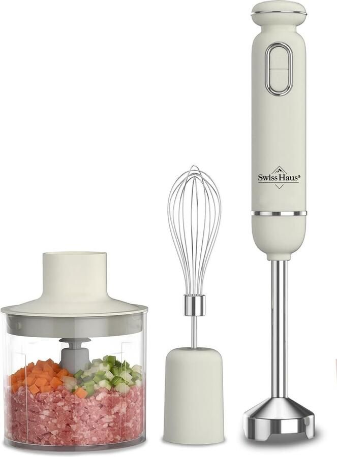 Swiss Haus HBS20 Staafmixer Set 600W – Met Hakmolen 500ml & RVS Garde – Handblender met 20 Snelheden + Turbo Functie – Afneembare RVS Staaf – Creme
