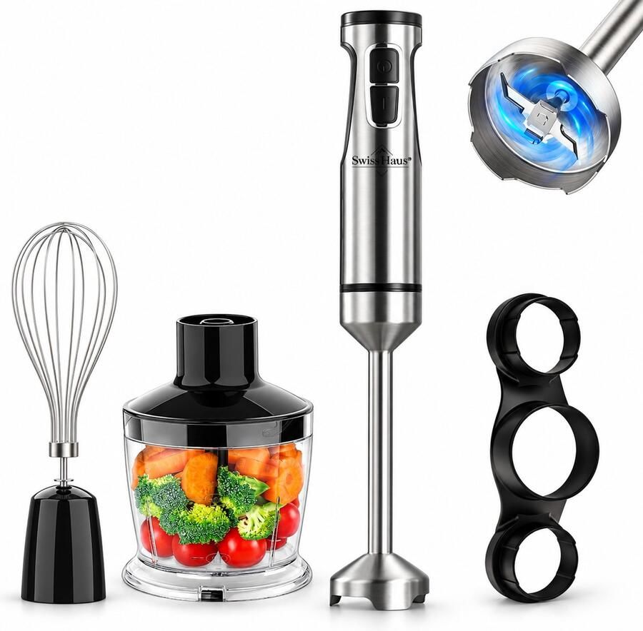 Swiss Haus HBS22 3-in-1 Staafmixer 1500W – RVS Hadnblender + Hakmolen 600ml + Klopper – 12 Snelheden + Turbo – Titanium 4 Bladenmes – Zermatt Glacier Collection