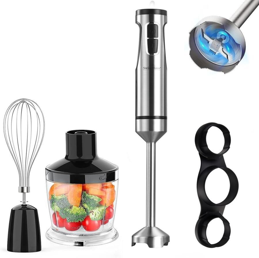 Swiss Haus HBS22 3-in-1 Staafmixer 1500W – RVS Hadnblender + Hakmolen 600ml + Klopper – 12 Snelheden + Turbo – Titanium 4 Bladenmes – Zermatt Glacier Collection