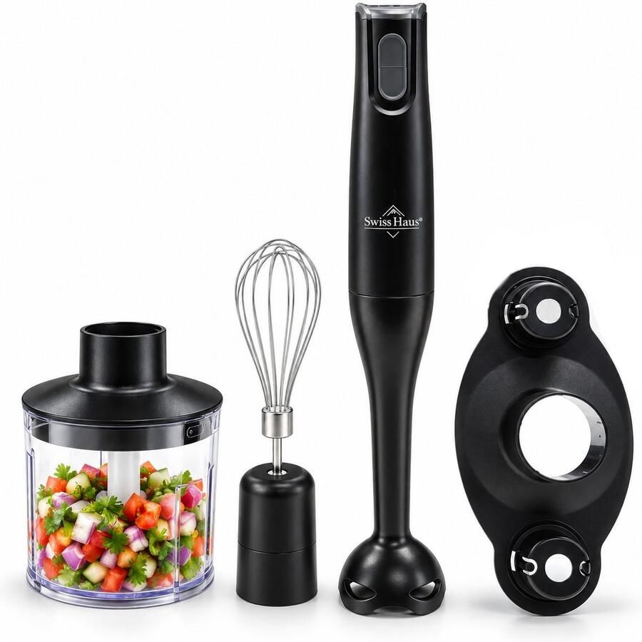 Swiss Haus HBS23 Staafmixer Set 350W Handblender met Hakmolen & Garde – Turbo Functie – 3-in-1 Staafmixerset – Lake Geneva Collection Zwart