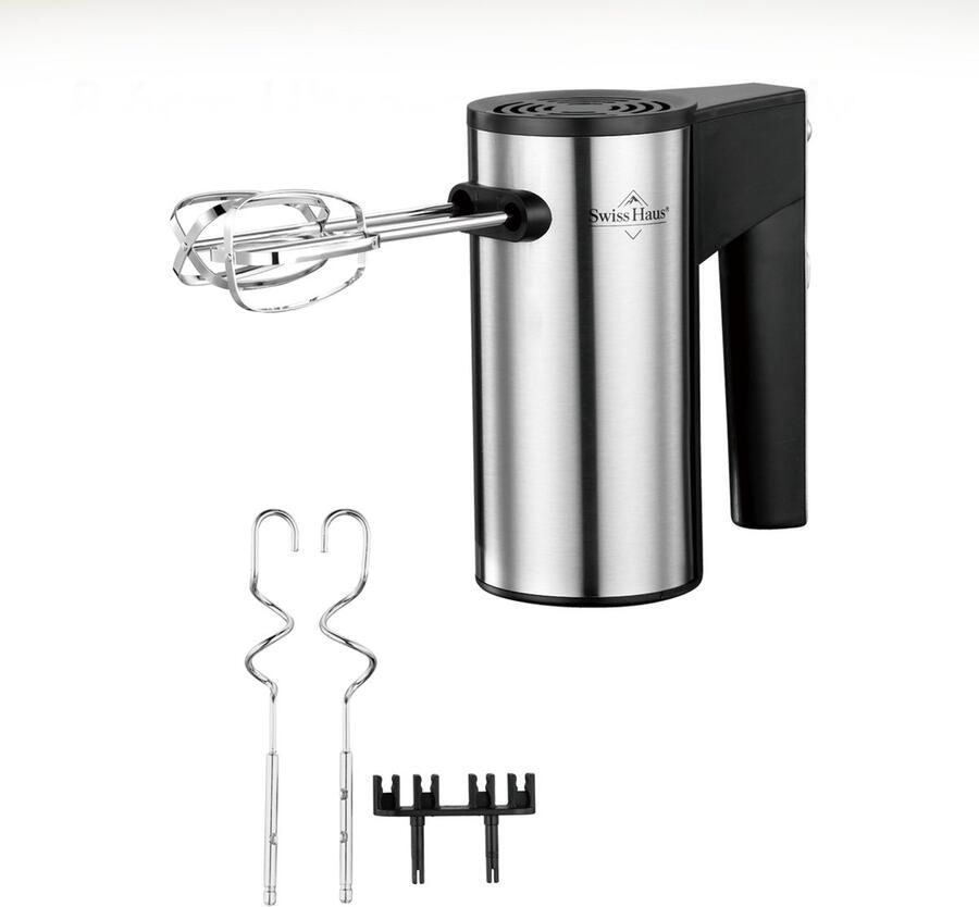 Swiss Haus HM22 Handmixer 300W – 5 Snelheden + Turbofunctie – Compacte Mixer met RVS Kloppers & Deeghaken – Zelfstaand Design – Accessoirehouder – Zwart RVS - Foto 2