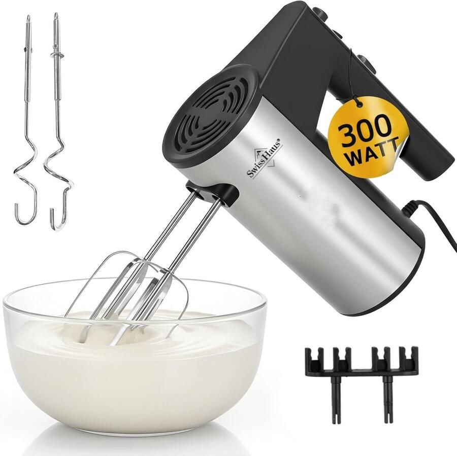 Swiss Haus HM22 Handmixer 300W – 5 Snelheden + Turbofunctie – Compacte Mixer met RVS Kloppers & Deeghaken – Zelfstaand Design – Accessoirehouder – Zwart RVS